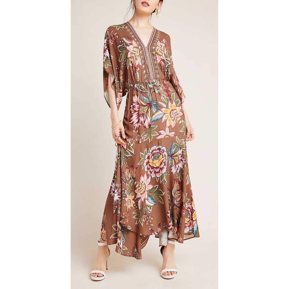 Farm Rio Anthropologie Valentina Maxi Dress S Brown Floral Boho Wrap Dolman Slv